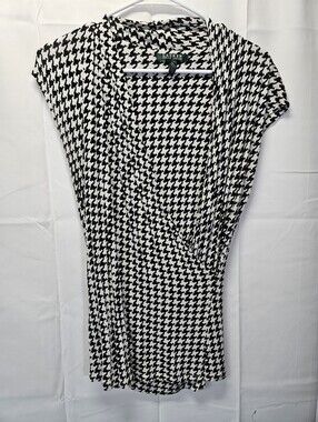 Lauren Ralph Lauren Black & White Houndstooth Wrap Top EUC